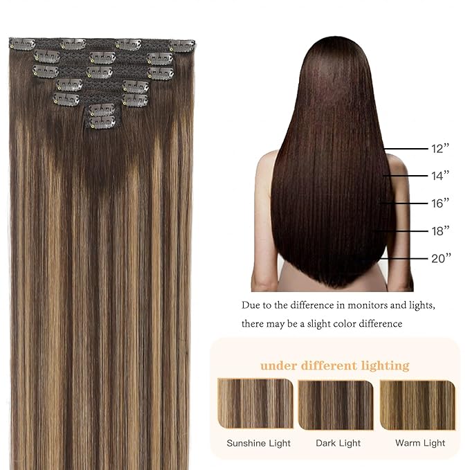 Clip in Hair Extensions Real Human Hair 14 Inch Balayage Chocolate Brown to Caramel Blonde Hair Extensions Lace Weft 7Pcs Remy Clip in Extensions Human Hair for Women 105g