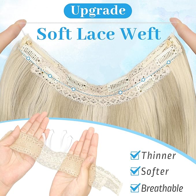KooKaStyle Invisible Wire Hair Extensions Long Wavy Layered Synthetic Hairpieces with Transparent Wire Adjustable Size 6 Secure Clips Light Brown with Platinum Blonde for Women 20 Inch