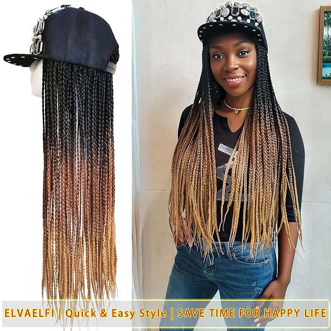 24inch Box Braid Hair Extensions Ombre Brown, Punk Studs Flat Baseball Cap Wigs for Women Girls Easy Wear