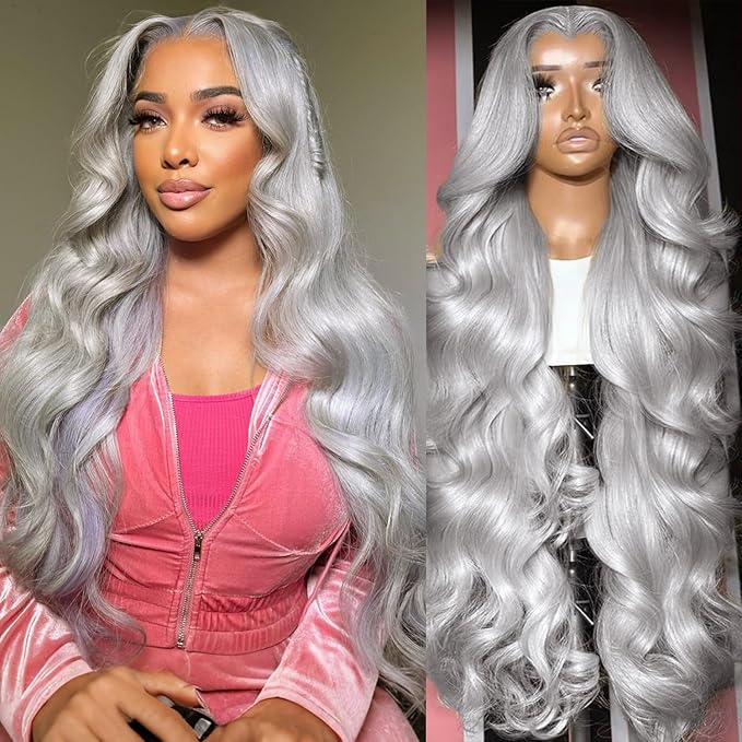 13x6 Grey Lace Front Wigs Human Hair Body Wave Gray Wigs Human Hair Pre Plucked with Baby Hair 200 Density Glueless Brazilian Virgin Grey Lace Frontal Wigs for Women 28 Inch