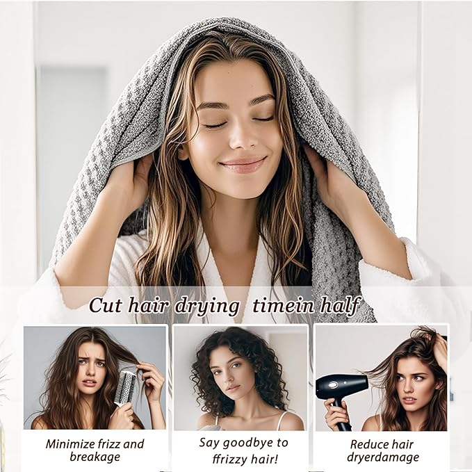 Large Microfiber Hair Towel for Women,Super Soft Anti Frizz & Quick Dry for Curly Hair,Ultra Absorbent Hair Wrap Towels for Long,Thick,Wet Hair 24x42 Inches (Grey)