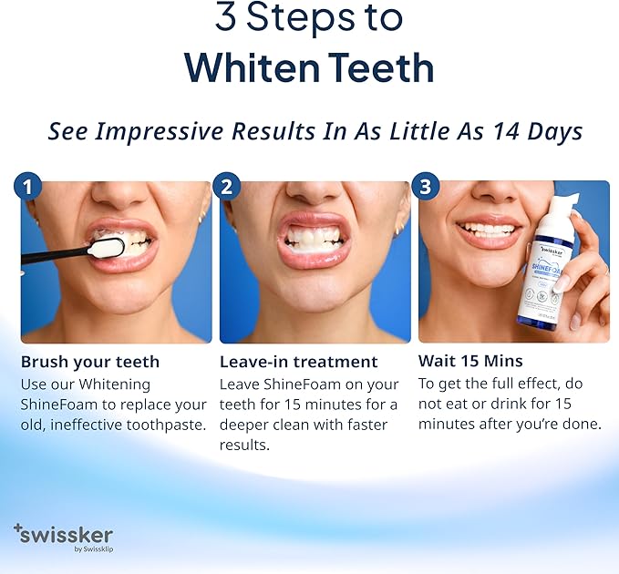 Swissker by Swissklip ShineFoam | Teeth Whitening Foam | Mint Flavor Whitening Toothpaste | Teeth Whitener I Professional Teeth Whitening Kit | 100% Vegan - Made in USA - 1.69 oz - Pack 2