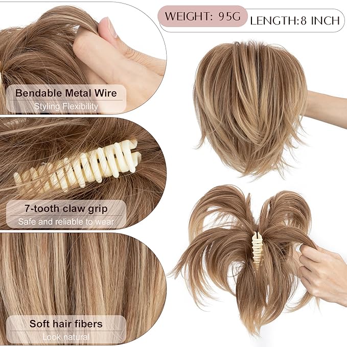 Claw Clip Short Ponytail Hair Extensions Messy Bun Hair Piece Pony Tails Hair Extensions with Bendable Metal Wire Hair Pieces DIY Style 8 Inch 12T24 Caramel Brown to Mousy blonde
