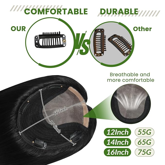 HAIR Toppers for Women Real Human Hair Clip in Silk Base 150 Density 6x7inch 55 grams Jet Black Color 12inch for Women with Thinning Crown（#1 12inch
