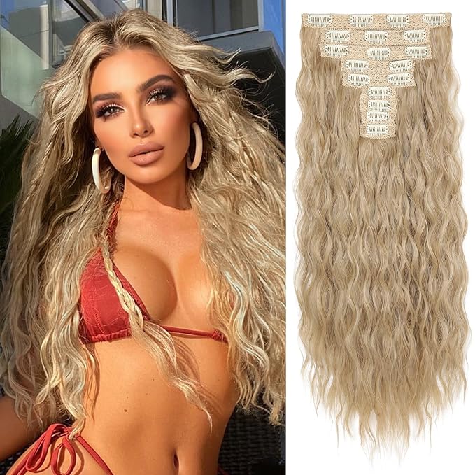 REECHO Hair Extensions, 9PCS Blonde Clip in Hair Extensions 24" Thick Long Mini Mermaid Wave Luxurious Lightweight Japanese Technology HYOUITSU Fiber Invisible Soft Lace Weft - HE009 Champagne Blonde