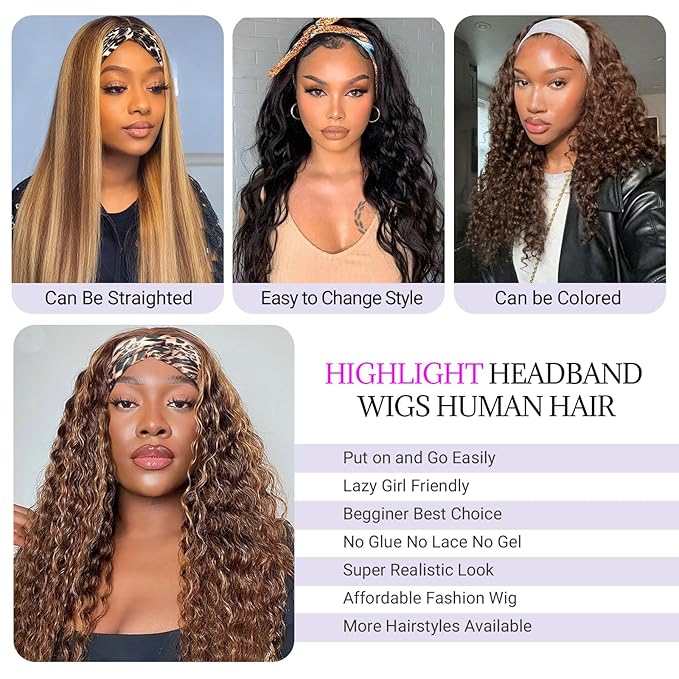 Highlight Headband Wig Human Hair Deep Wave Half Wig Human Hair 4/27Honey Blonde Curly Headband Wigs for Black Woman Brazilian Glueless None Lace Front Wigs 180% Density Human Hair Wigs 18nch