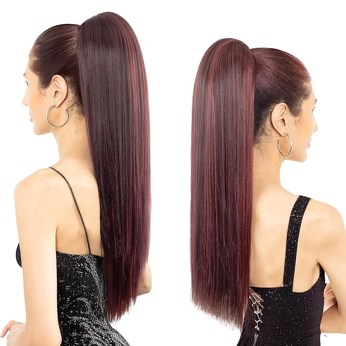 Ponytail Extension, 24" Long Straight Claw Clip Ponytail Extension clip on ponytails hair clip Hair claw clip Fake Ponytail Hairpieces for Women – Wine Red with Burgundy HL