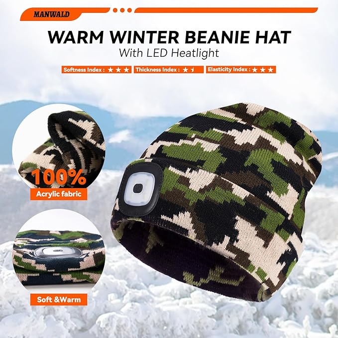 LED Beanie Hat with Light, USB Rechargeable LED Headlamp, Gifts for Men, Christmas Stocking Stuffers for Men Adults, Birthday Gifts for Him Dad Husband, Boyfriends, Black, Camouflage