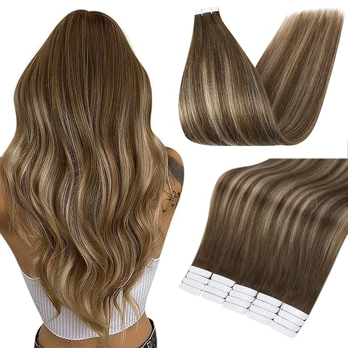 Full Shine Tape in Extensions 20 Inch Remy Extensions Color 4 Brown Fading to 24 Blonde Highlighted 4 Medium Brown 50g Hair Extensions Real Human Hair 20 PCS Tape Ins Human Hair Extensions for Party