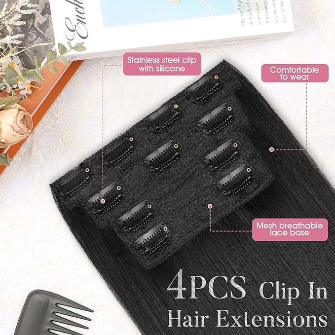 Clip in Synthetic Hair Extensions Black Long Straight 4PCS Thick Hairpieces Fiber Double Weft Natural Hair Extensions 22 Inch for Women