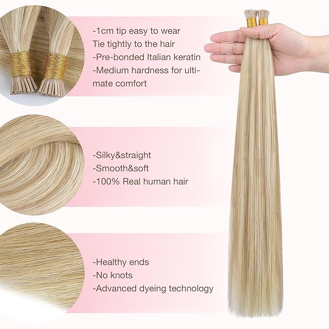 GOO GOO I Tip Hair Extensions, Real Human Hair, 22inch 50g 50S, Cold Fusion I Tip, Invisible Remy, Dark Blonde Highlighted Bleach Blonde