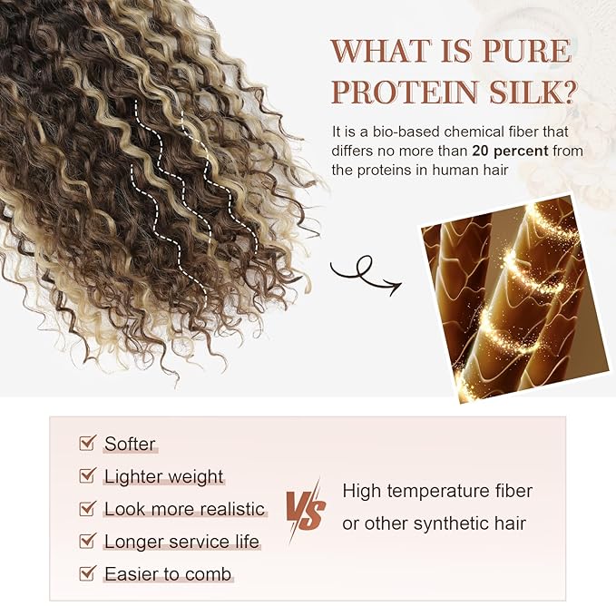 Clip in Hair Extensions, FLUFYMOOZ 4PC 100％ Pure Protein Silk Hair Extensions Long Soft Natural Hairpiece 20 Inch Curly Hair Extension for Women (Medium Brown Ash Blonde Highlight)
