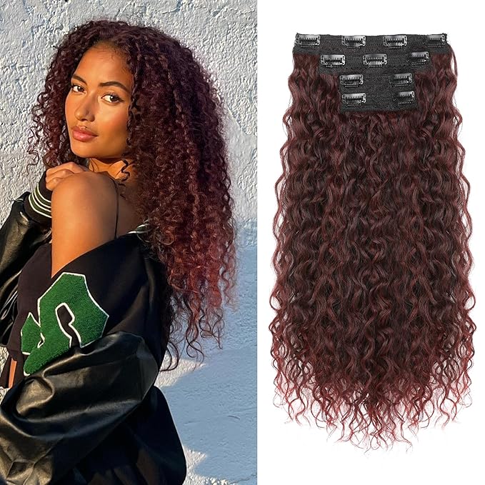 Clip in Hair Extensions, FLUFYMOOZ 4PC 100％ Pure Protein Silk Hair Extensions Long Soft Natural Hairpiece 20 Inch Curly Hair Extension for Women (Wine Red)