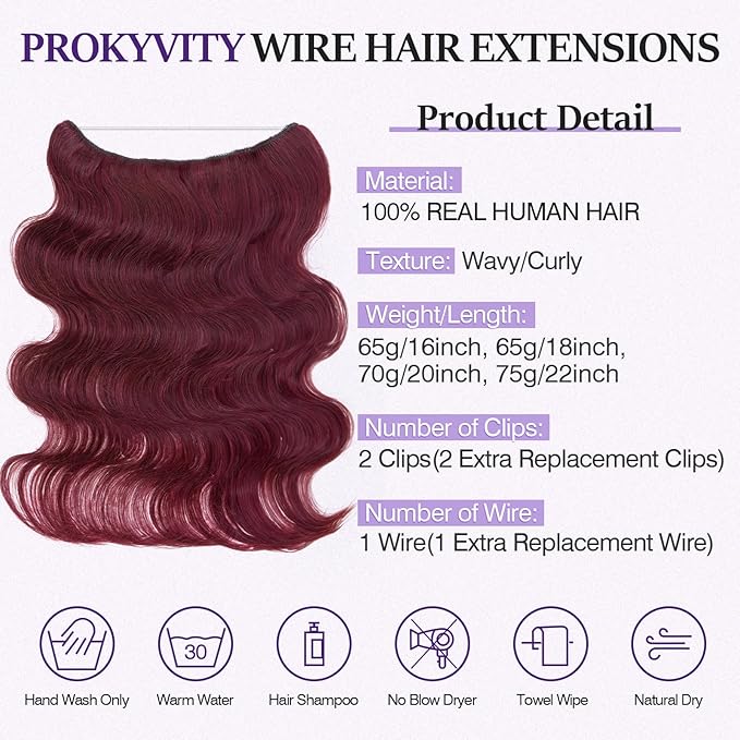Halo Hair Extensions Real Human Hair,Halo Hair Extension 100% Human Hair,Wire Hair Extensions,Wavy 99J Burgundy Wine Red 65g/16inch