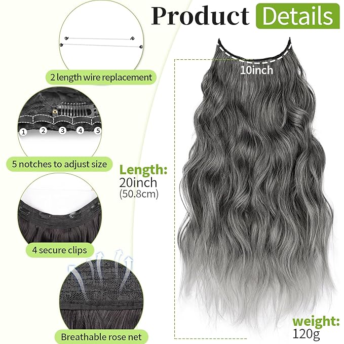 KooKaStyle Invisible Wire Hair Extensions with Transparent Headband Adjustable Size 4 Secure Clips Long Wavy Secret Wire Hairpiece 20 Inch Grey/Sliver Mixed for Women