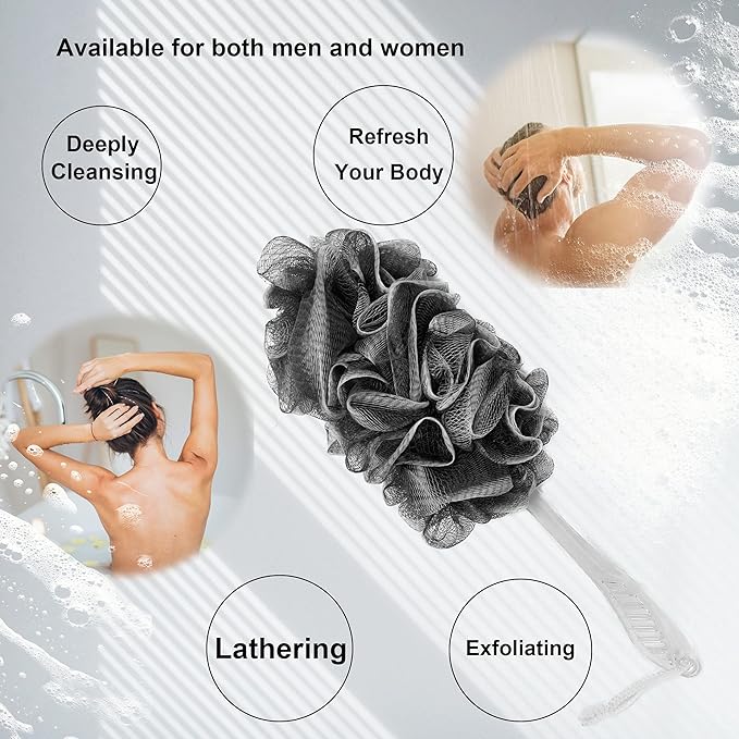 Black Charcoal Loofah for Mens - Back Loofah Scrubber with Handle - Long Handle Bath Brush - 2 Pack