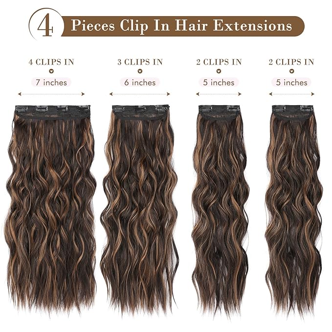 REECHO Hair Extensions, 4PCS Clip in Hair Extensions HE001 Natural Soft Synthetic Hairpieces for Women, Chestnut Brown With Blonde Highlights