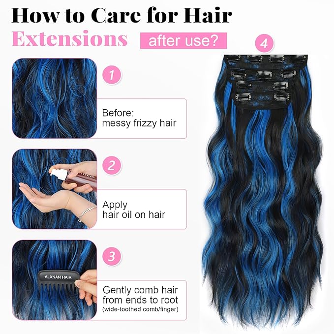 ALXNAN Clip in Long Wavy Synthetic Hair Extension 20 Inch Black Mix Blue Highlights 4PCS Thick Hairpieces Fiber Double Weft Hair for Women