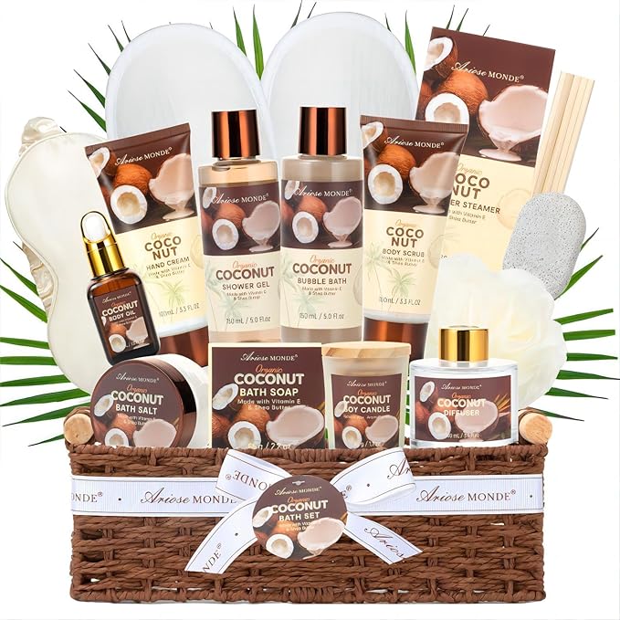Spa Gift Basket for Women, Coconut Luxury Gift Set with Shower Gel, Bubble Bath, Hand Cream, Bath Soap, Bath Salt, Essential Oil, Luxury Bath and Body Gift Kit for Christmas
