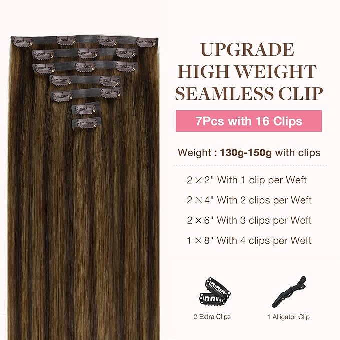 GOO GOO Clip in Hair Extensions Real Human Hair, Remy Human Hair Extensions Clip ins for Women, Natural Human Hair, 16inch 130g 7Pcs, 2C/4E/6C Brown Sugar Swirl Highlights
