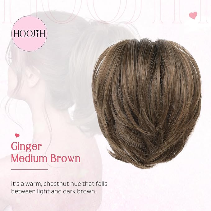 HOOJIH Messy Bun Hair Piece, Claw Clip in Straight Hair Bun 9 Inch Short Ponytail Extension with Bendable Metal Wire Hair Pieces for Women Fake Hair Bun DIY Styles - Ginger Medium Brown