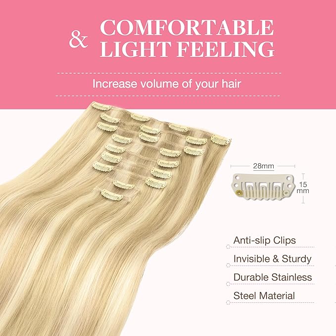 GOO GOO Clip in Hair Extensions Real Human Hair, Remy Human Hair Extensions Clip ins for Women, Natural Human Hair, 18inch 150g 9Pcs, 18A/613A Dark Blonde Highlighted Bleach Blonde