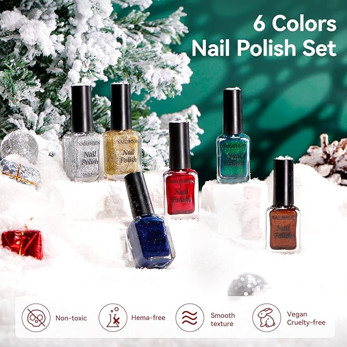 Christmas Nail Polish Set, 6 Colors Red Green Royal Blue Sparkle Gold Silver Nail Polish Kit, Salon-Quality, Hema-free, Non Gel, Quick Air Dry, Long-lasting DIY Nail Art Holiday Gift