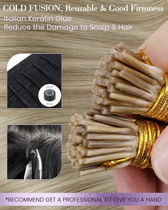 LaaVoo I Tip Hair Extensions Real Human Hair Balayage Blonde I Tips Hair Extensions Highlights Light Blonde to Golden Blonde Itip Hair Extesnions Pre Bonded 18inch 100g 100s
