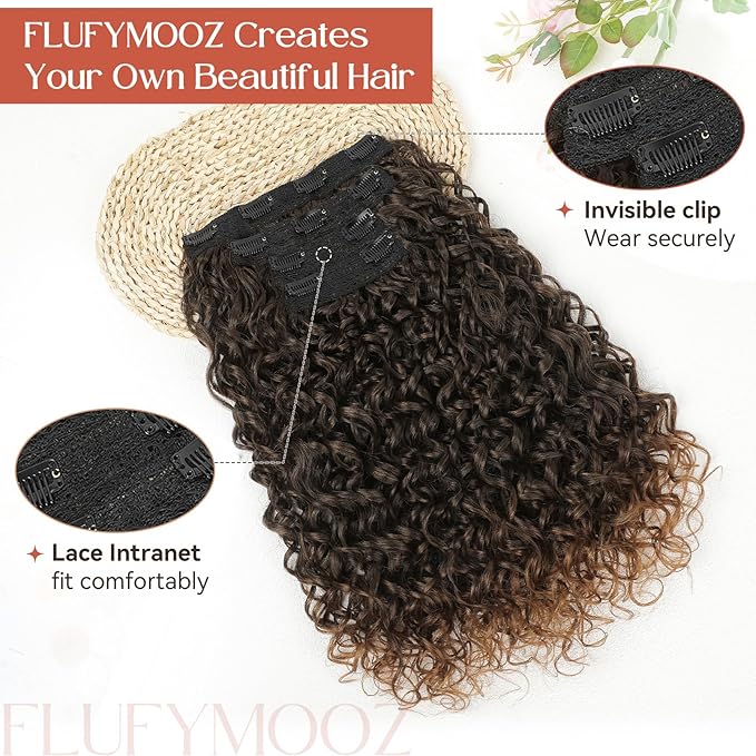 FLUFYMOOZ Clip in Hair Extensions, 18'' 4PC 100％ Pure Protein Silk Curly Hair extension for Women Lace Weft Hairpiece Natural Soft and comfortable for Daily Use-Dark Almond Brown with Copper