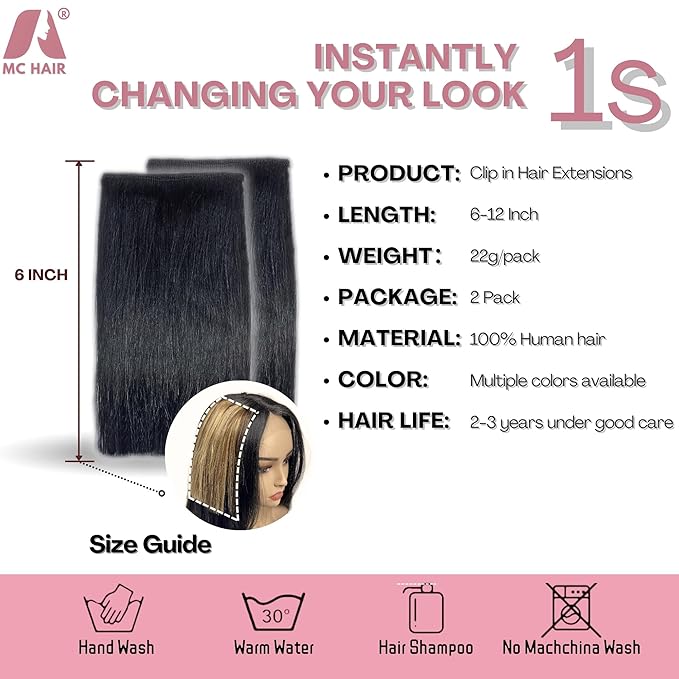 2 Pcs Short Hair Extensions, Human Hair Clip in Extensions for Women Adding Volume 8 Inch Jet Black