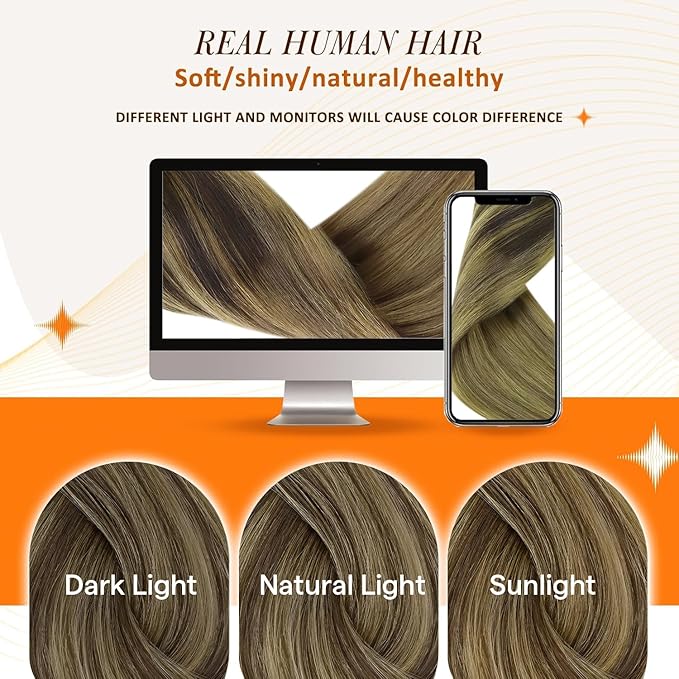 Full Shine Seamless Human Hair Clip in Extensions 14 Inch Ombre Dark Brown to Light Brown with Honey Blonde Real Hair Seamless Clip ins for Women 8 PCS 120 Grams