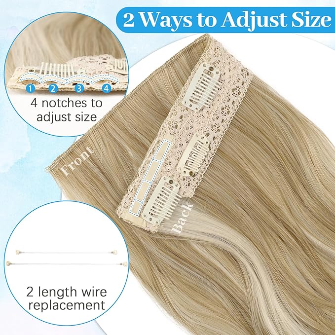 KooKaStyle Invisible Wire Hair Extensions Long Straight Layered Synthetic with Transparent Wire Adjustable Size 6 Secure Clips Hairpieces for Women 16 Inch (16 Inch, H1860A#Beige Blonde)