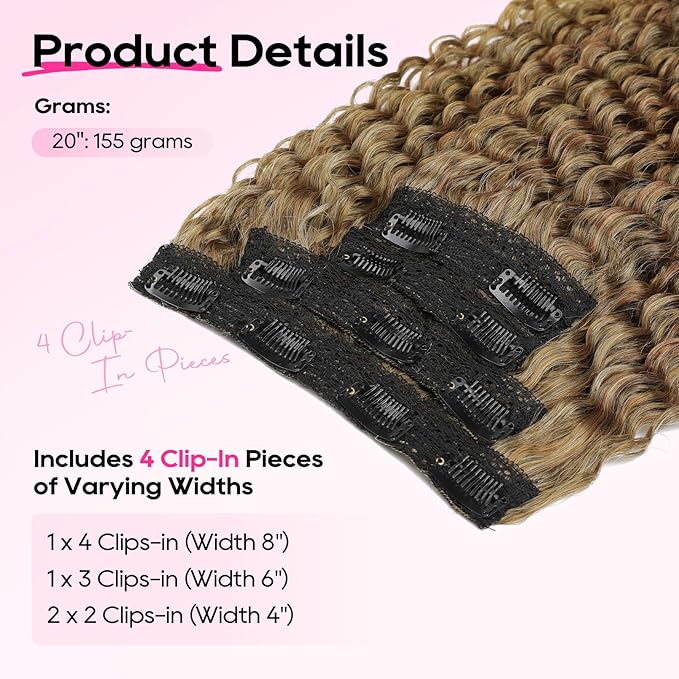 REECHO Hair Extensions - 4PCS 20" Water Wave Clip in Hair Extensions 100% Super Protein Silky Soft Natural Look with Invisible Lace Weft Hairpieces for Women - Mocha Foil with Lighter Ends