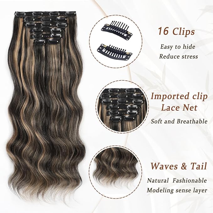 Vigorous Clip in Hair Extensions Black Mix Blonde Long Wavy Hairpieces 20Inch Hair Extensions Clip Ins Soft Synthetic Hairpieces for Women (7Pcs)