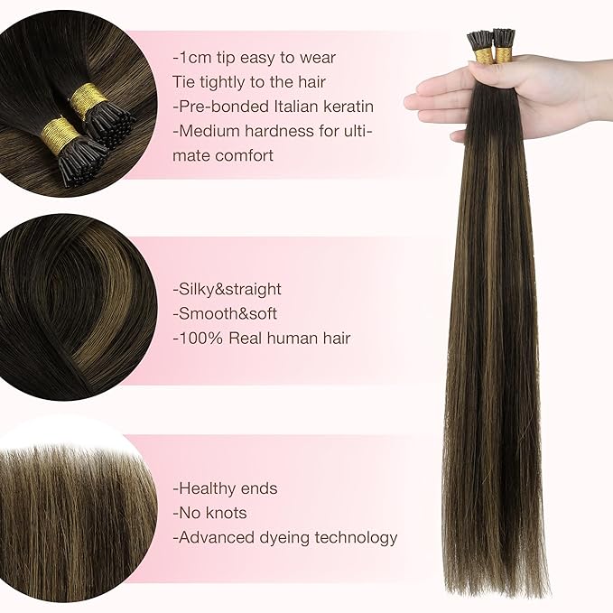GOO GOO I Tip Hair Extensions, Real Human Hair, 22inch 100g 100S, Cold Fusion I Tip, Invisible Remy, 1B/6/1B Balayage Natural Black to Chestnut Brown