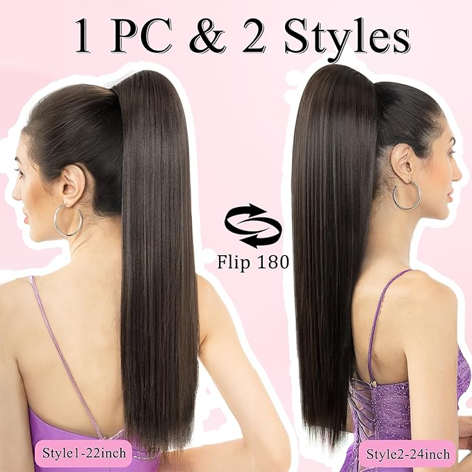 Ponytail Extension, 24" Long Straight Claw Clip Ponytail Extension clip on ponytails hair clip Hair claw clip Fake Ponytail Hairpieces for Women - Dark Brown