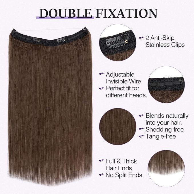 Halo Hair Extensions Real Human Hair,Halo Hair Extension 100% Human Hair,Wire Hair Extensions,Thicker Natural Brown 16inch/80g