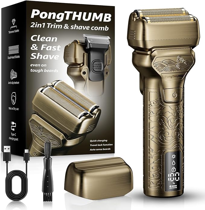 Electric Razor for Men Face: Rechargeable Foil Shaver with Push-Up Trimmer - Cordless Wet/Dry/Anti-Slip Waterproof Shavers with LED Display - Metal Handheld Design Gold