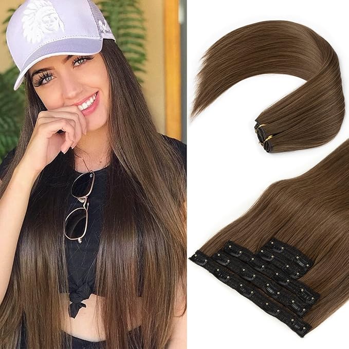 REECHO Clip in Hair Extensions, Hair Extensions Thick Long Lace Weft Lightweight Synthetic Hairpieces for Women (24 Inch-240 Gram(Pack of 5), Chestnut Brown)