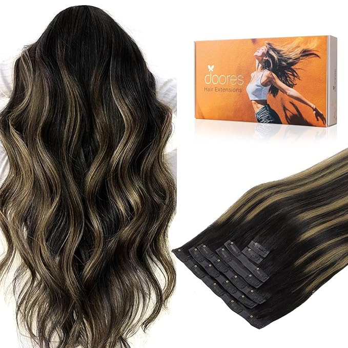 DOORES Seamless Clip-in Hair Extensions, Real Human Hair, Natural Black & Mixed Chestnut Brown, 110g, 7pcs, 20 Inch Straight, Invisi Edge