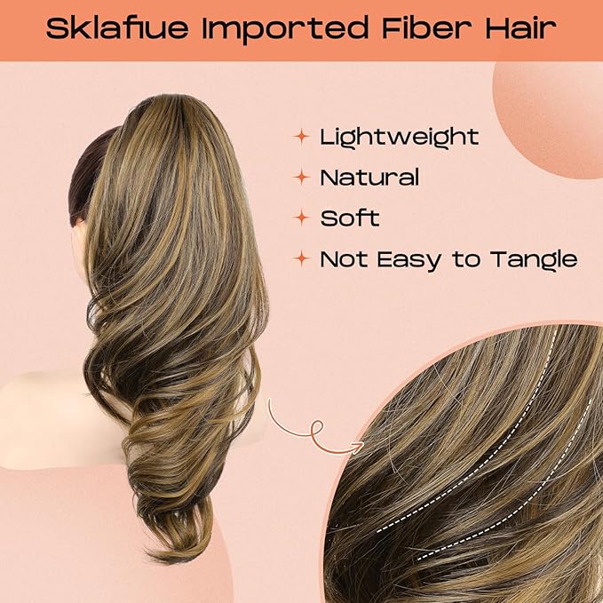 SEIKEA Ponytail Extension, 18" Wavy Claw Clip in Hair Extensions for Women, Lightweight Fluffy Synthetic Ponytail Hairpiece, Natural Soft & Easy to Wear, for Short Brown/Caramel Blonde Highlights