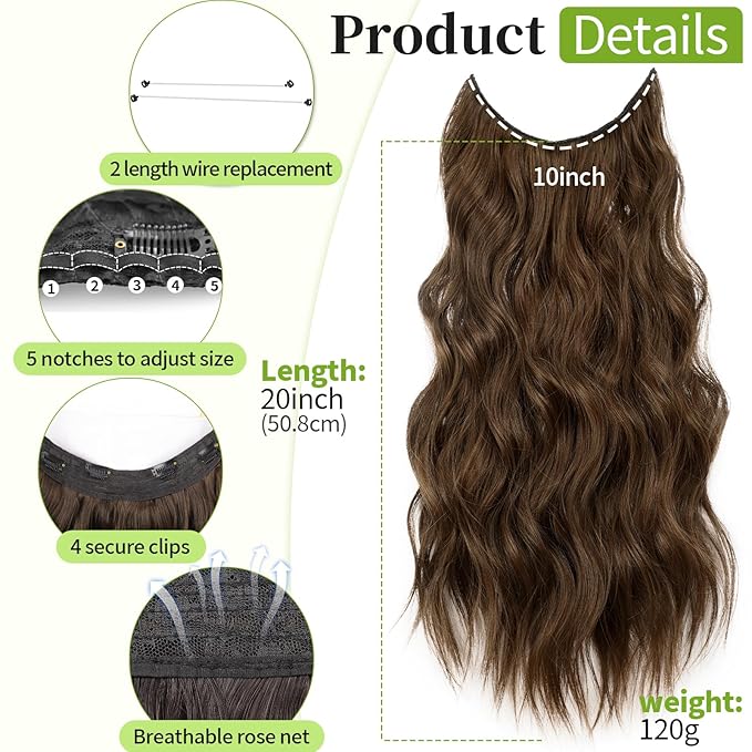 KooKaStyle Invisible Wire Hair Extensions with Transparent Wire Headband Adjustable Size 4 Secure Clips Long Wavy Hairpiece 20 Inch Medium Brown for Women