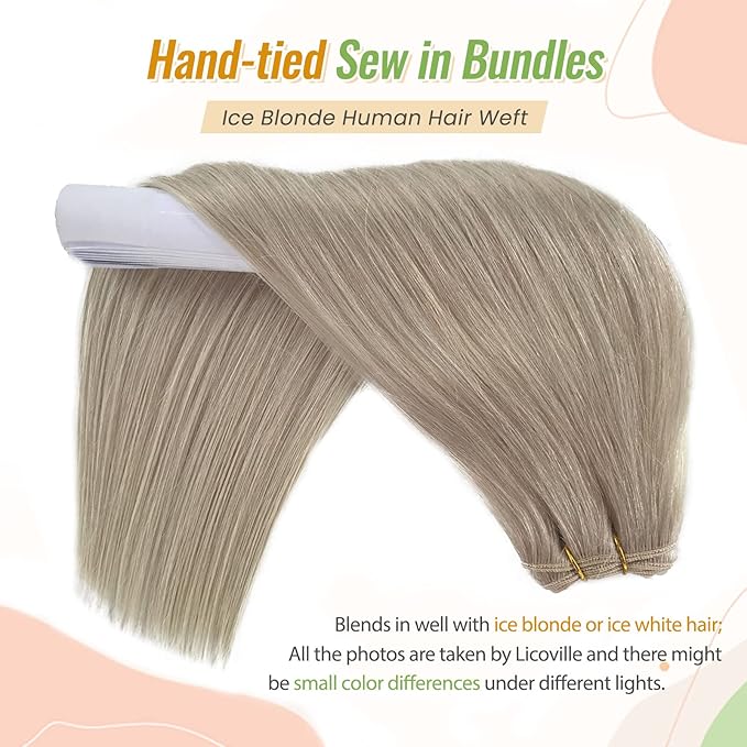 White Blonde Sew in Hair Extensions Real Human Hair 16 Inch 100G Thick Straight Human Hair Weft Bundles Icy Blonde Hand Tied Weft Hair Extensions Human Hair Blonde Sew in Hair Wefts for Women