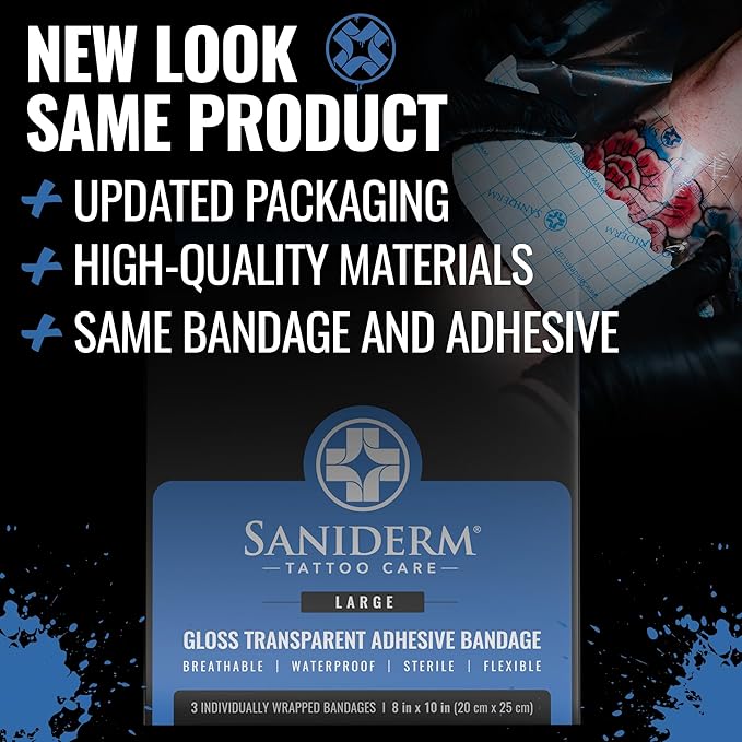 Saniderm Tattoo Aftercare Bandage 3 Sheets (Large Pack, 8 in x 10 in) – Convenient, Faster Tattoo Healing and Protection – Sterile, Waterproof, and Latex-Free