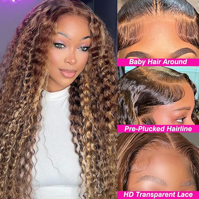200% Density Highlight Ombre Deep Wave Lace Front Wigs Human Hair 4/27 Colored Honey Blonde Human Hair Wig 13x6 HD Lace Front Wig Pre Plucked 22 Inch