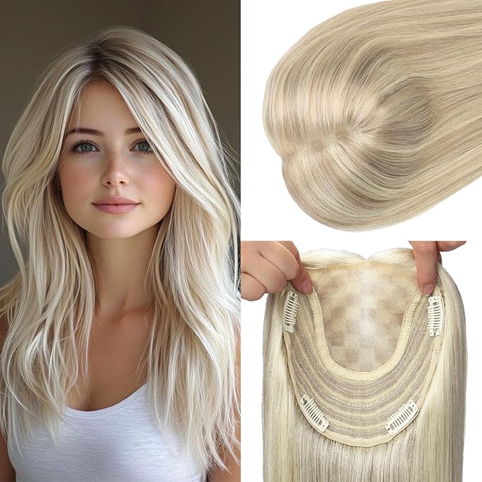 HAIR Toppers Real Human Hair 150 Density 16 inch 75 grams 6x7 inch Caramel Blonde Highlighted Blonde lace Silk Base for Women（#18P60 16inch）