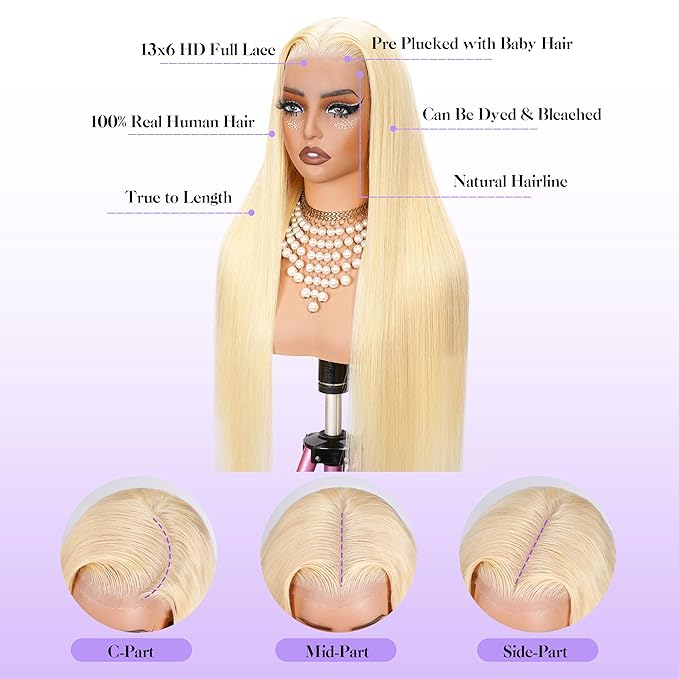 613 13x6 Lace Front Wig Human Hair 250 Density 36 Inch Straight Blonde Wig Human Hair 613 HD Lace Frontal Wigs 13x6, No Synthetic Blend No Tangle No Shedding Triple Lifespan 3X 100% Real Human Hair