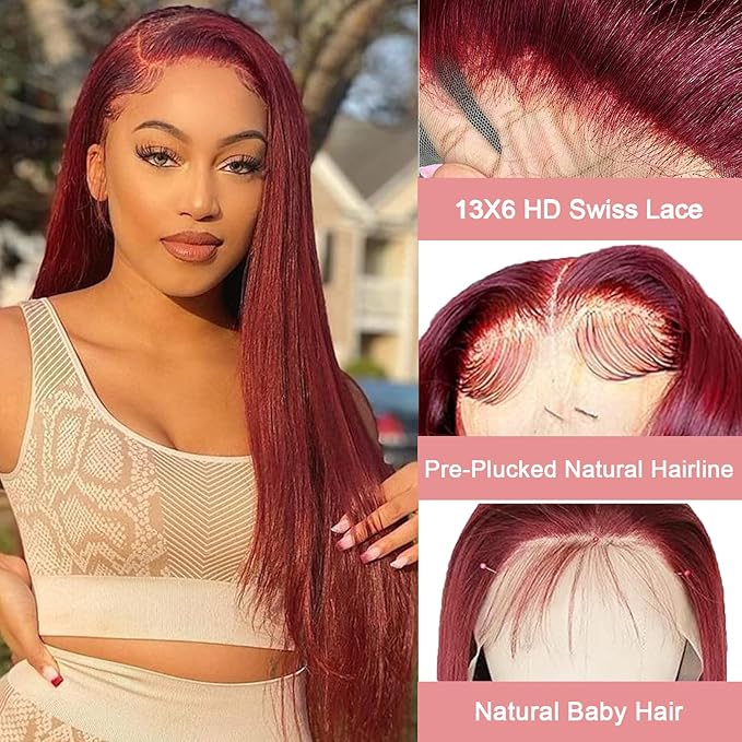 LICHANG 13x6 99J Straight Lace Front Wigs Human Hair Pre Plucked with Baby Hair for Black Women Glueless 24 Inch