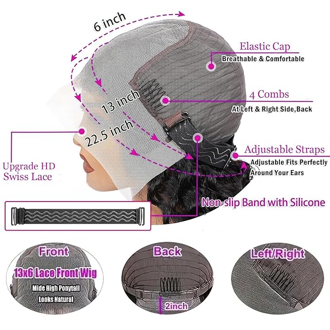 13x6 Deep Wave Lace Front Wigs Human Hair 14 Inch 200% Density HD Lace Front Glueless Pre Plucked Wig for Women with Baby Hair Deep Curly Natural Black