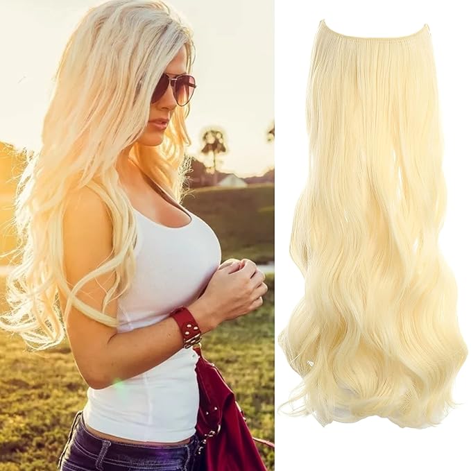 Invisible Wire Hair Extensions Transparent Wire Adjustable Size 4 Secure Clips Long Wavy Curly Secret Hairpiece 24 Inch for Women